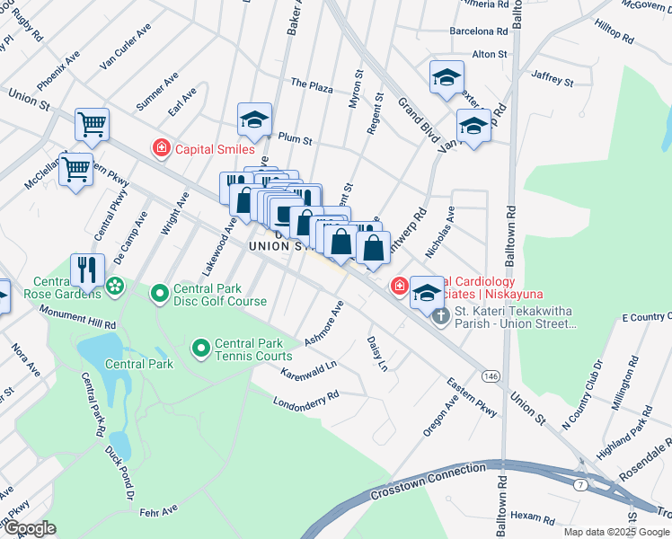map of restaurants, bars, coffee shops, grocery stores, and more near 2124 Eastern Parkway in Schenectady