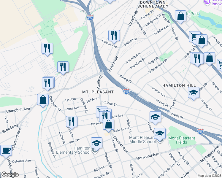 map of restaurants, bars, coffee shops, grocery stores, and more near 633 Lansing Street in Schenectady
