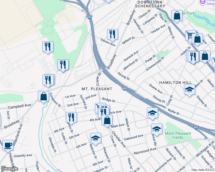 map of restaurants, bars, coffee shops, grocery stores, and more near 633 Lansing Street in Schenectady