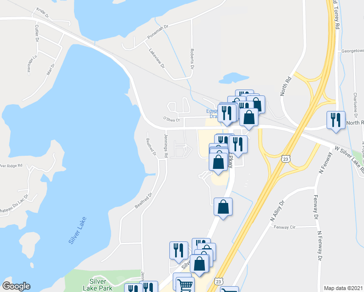 map of restaurants, bars, coffee shops, grocery stores, and more near 3800 Arbor Drive in Fenton