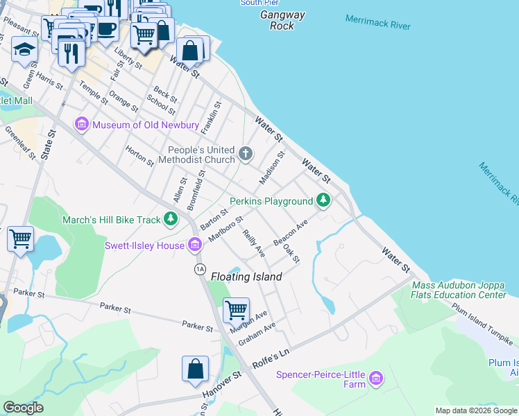 map of restaurants, bars, coffee shops, grocery stores, and more near 11 Oak Street in Newburyport