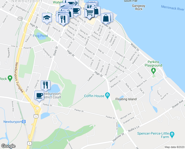 map of restaurants, bars, coffee shops, grocery stores, and more near 4 Coffins Court in Newburyport
