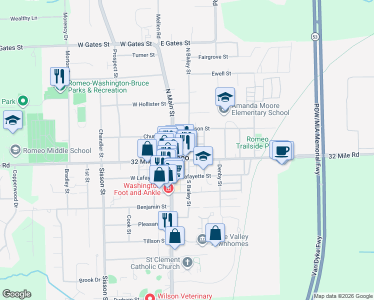 map of restaurants, bars, coffee shops, grocery stores, and more near 246 North Bailey Street in Romeo