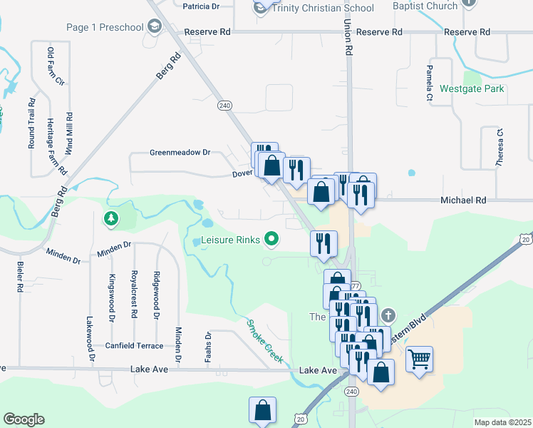 map of restaurants, bars, coffee shops, grocery stores, and more near 12 Brimfield Court in Buffalo
