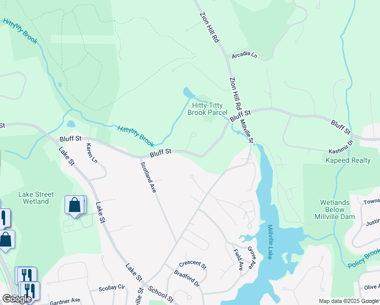 map of restaurants, bars, coffee shops, grocery stores, and more near 129 Bluff Street in Salem