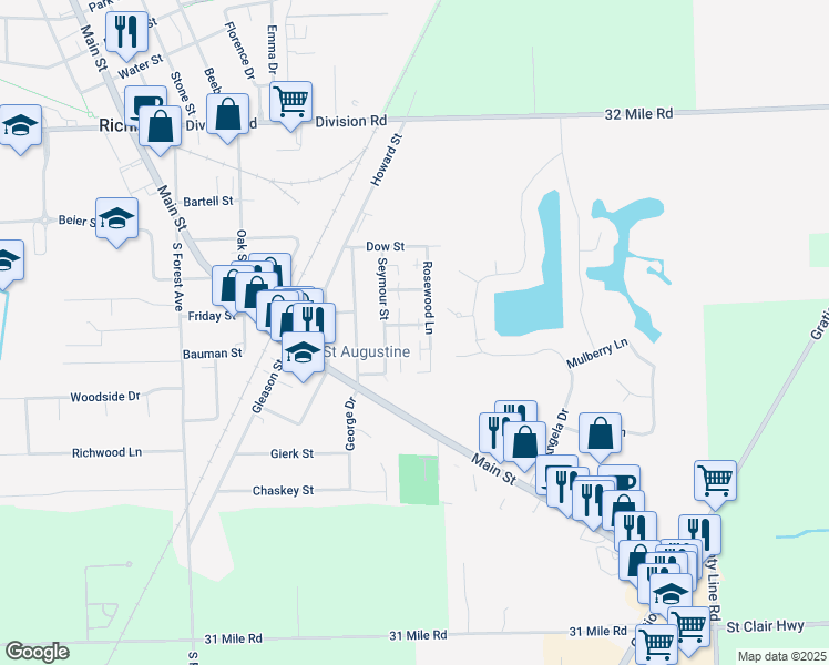 map of restaurants, bars, coffee shops, grocery stores, and more near 68260 Rosewood Lane in Richmond