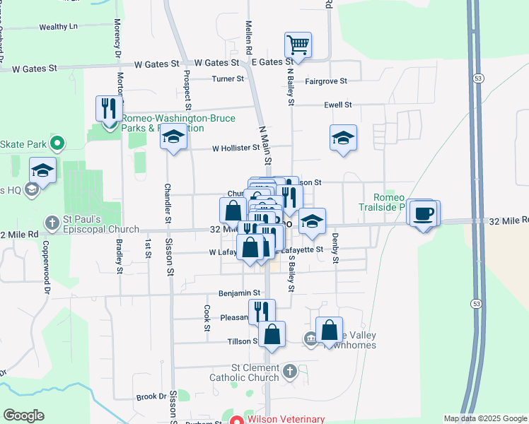 map of restaurants, bars, coffee shops, grocery stores, and more near 246 North Main Street in Romeo