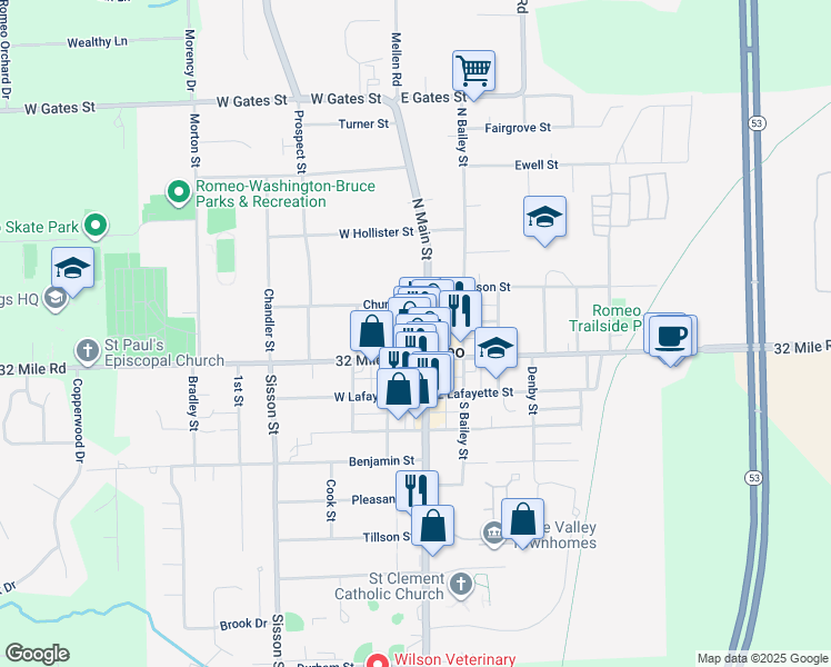 map of restaurants, bars, coffee shops, grocery stores, and more near 129 Church Street in Romeo