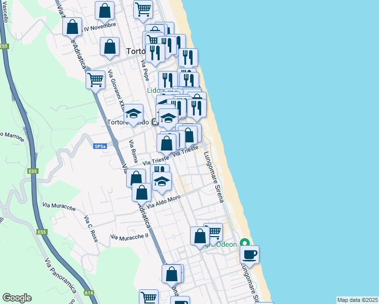 map of restaurants, bars, coffee shops, grocery stores, and more near 234 Lungomare Sirena in Tortoreto Lido