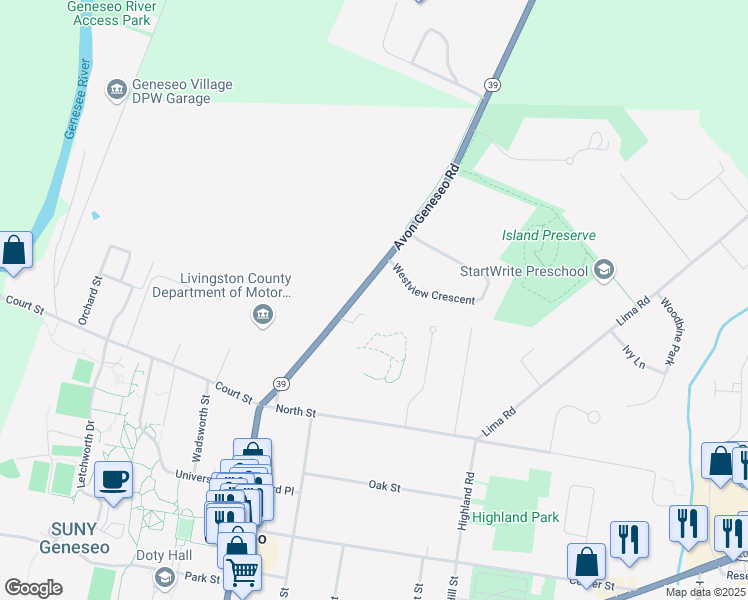 map of restaurants, bars, coffee shops, grocery stores, and more near 84 Avon Geneseo Road in Geneseo