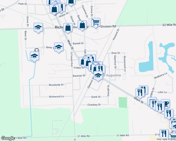 map of restaurants, bars, coffee shops, grocery stores, and more near 68259 Main Street in Richmond