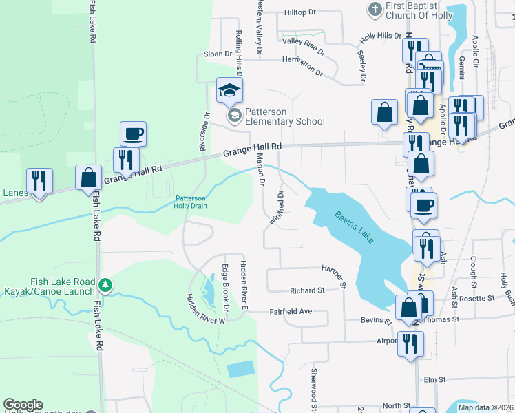 map of restaurants, bars, coffee shops, grocery stores, and more near 1014 Marion Drive in Holly