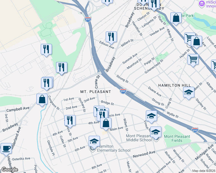 map of restaurants, bars, coffee shops, grocery stores, and more near 881 Yorkston Street in Schenectady