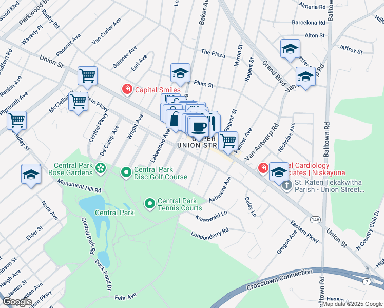 map of restaurants, bars, coffee shops, grocery stores, and more near 902 Woodland Avenue in Schenectady