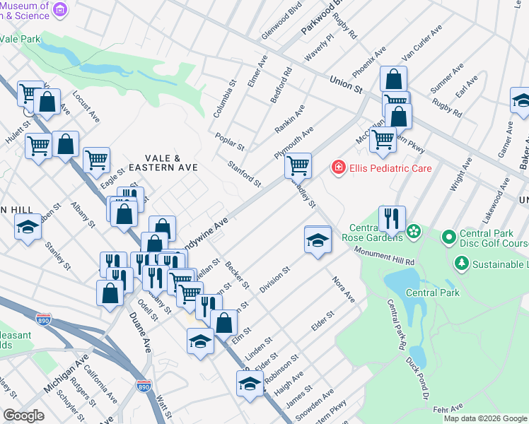 map of restaurants, bars, coffee shops, grocery stores, and more near 320 North Brandywine Avenue in Schenectady