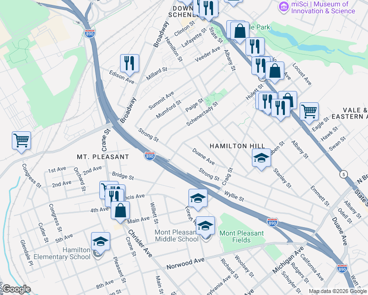 map of restaurants, bars, coffee shops, grocery stores, and more near 478 Hulett Street in Schenectady
