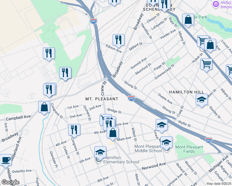 map of restaurants, bars, coffee shops, grocery stores, and more near 881 Yorkston Street in Schenectady