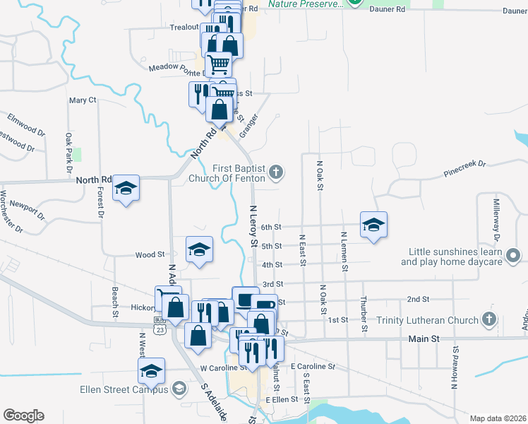 map of restaurants, bars, coffee shops, grocery stores, and more near 856 North Leroy Street in Fenton