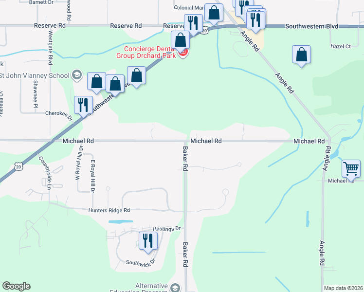 map of restaurants, bars, coffee shops, grocery stores, and more near 3020 Baker Road in Orchard Park