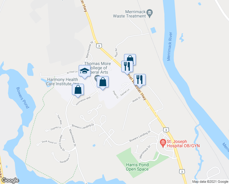 map of restaurants, bars, coffee shops, grocery stores, and more near 13 Pearl Court in Merrimack