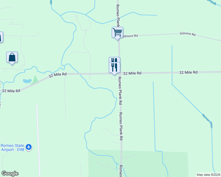 map of restaurants, bars, coffee shops, grocery stores, and more near 68805 Romeo Plank Road in Macomb