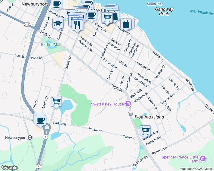 map of restaurants, bars, coffee shops, grocery stores, and more near 60 Massachusetts 1A in Newburyport