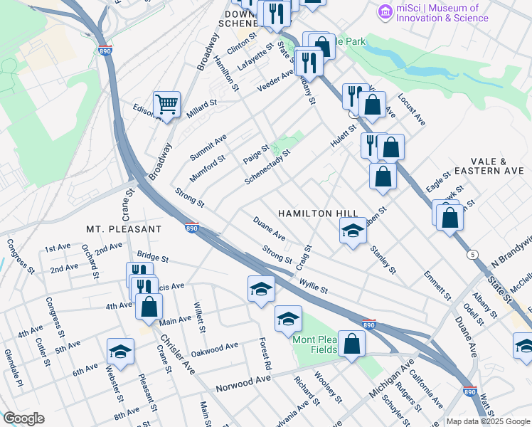 map of restaurants, bars, coffee shops, grocery stores, and more near 445 Hulett Street in Schenectady