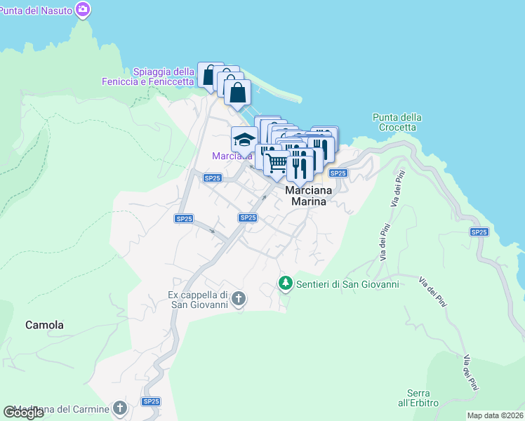 map of restaurants, bars, coffee shops, grocery stores, and more near 31 Viale Principe Amedeo in Marciana Marina