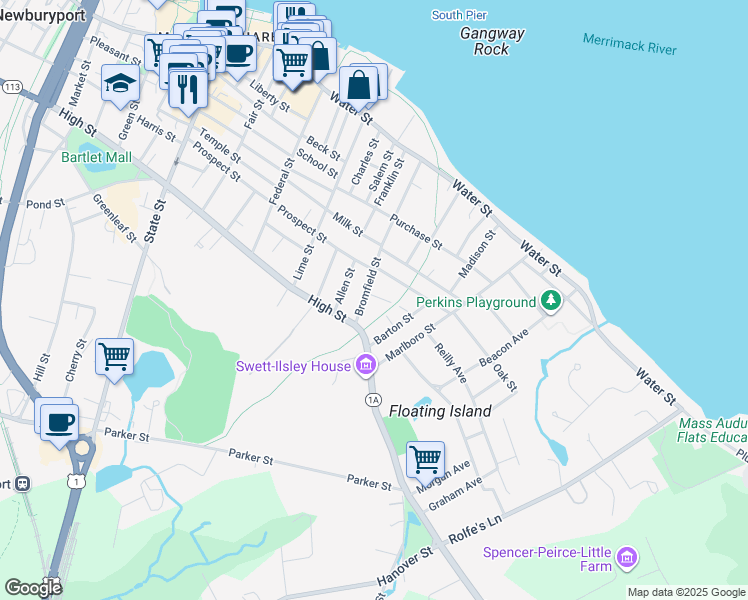 map of restaurants, bars, coffee shops, grocery stores, and more near 1 Bromfield Court in Newburyport