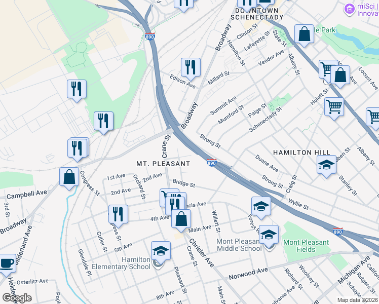 map of restaurants, bars, coffee shops, grocery stores, and more near 881 Yorkston Street in Schenectady