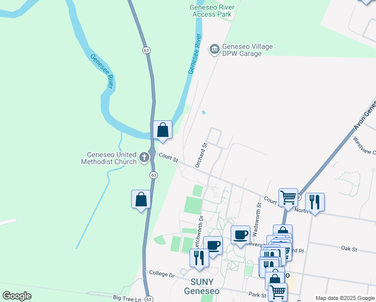 map of restaurants, bars, coffee shops, grocery stores, and more near 112 Riverside Drive in Geneseo
