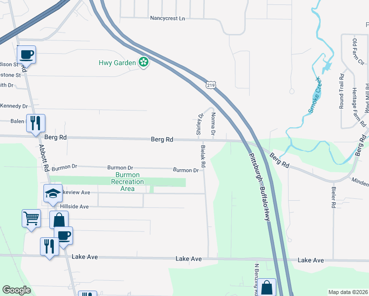 map of restaurants, bars, coffee shops, grocery stores, and more near 5427 Berg Road in Buffalo