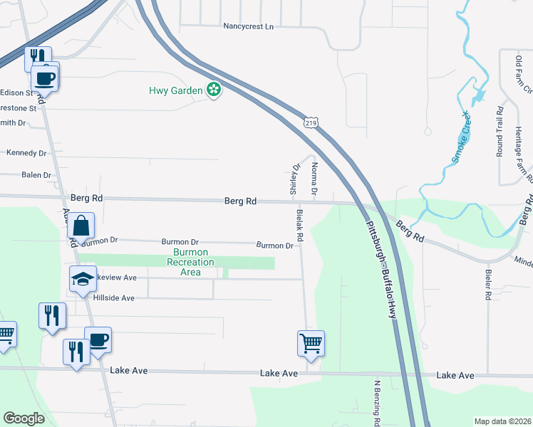 map of restaurants, bars, coffee shops, grocery stores, and more near 5427 Berg Road in Buffalo