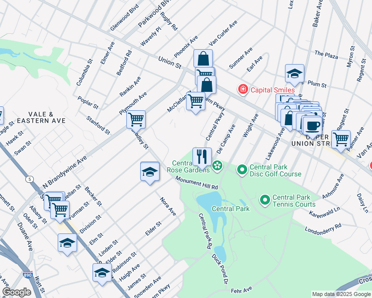 map of restaurants, bars, coffee shops, grocery stores, and more near 767 Central Parkway in Schenectady