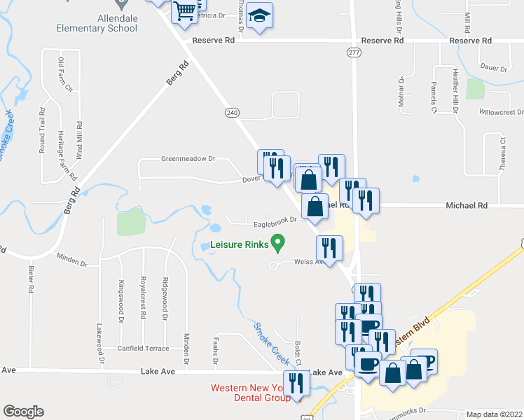 map of restaurants, bars, coffee shops, grocery stores, and more near 12 Brimfield Court in Buffalo