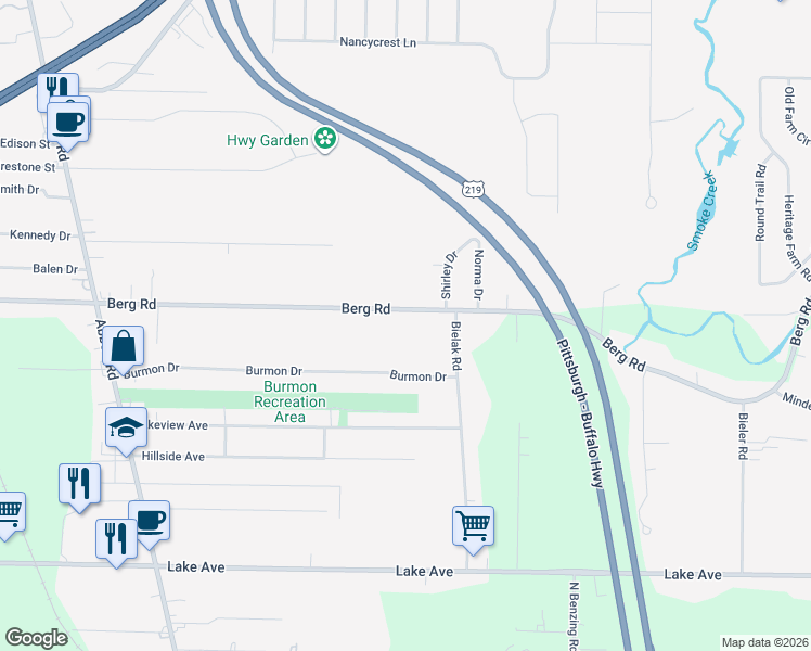 map of restaurants, bars, coffee shops, grocery stores, and more near 5427 Berg Road in Buffalo