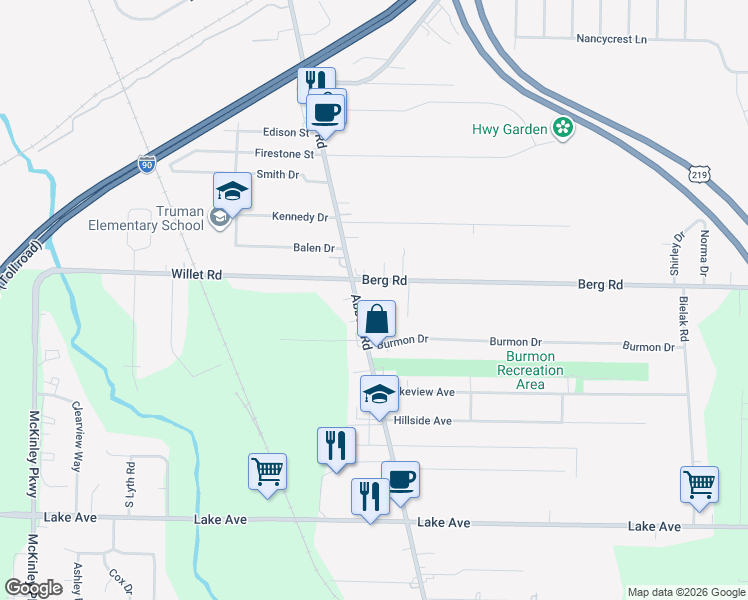 map of restaurants, bars, coffee shops, grocery stores, and more near 3017 Abbott Road in Orchard Park