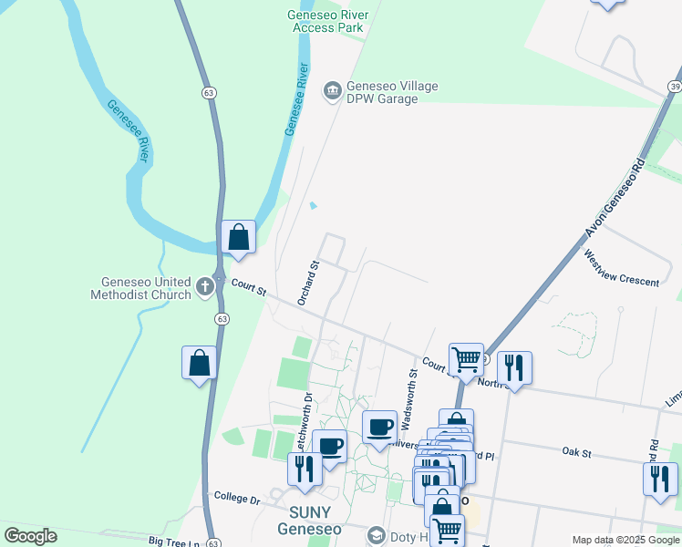 map of restaurants, bars, coffee shops, grocery stores, and more near 95 Meadow Drive in Geneseo