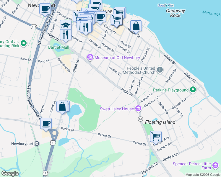 map of restaurants, bars, coffee shops, grocery stores, and more near 59 High Street in Newburyport