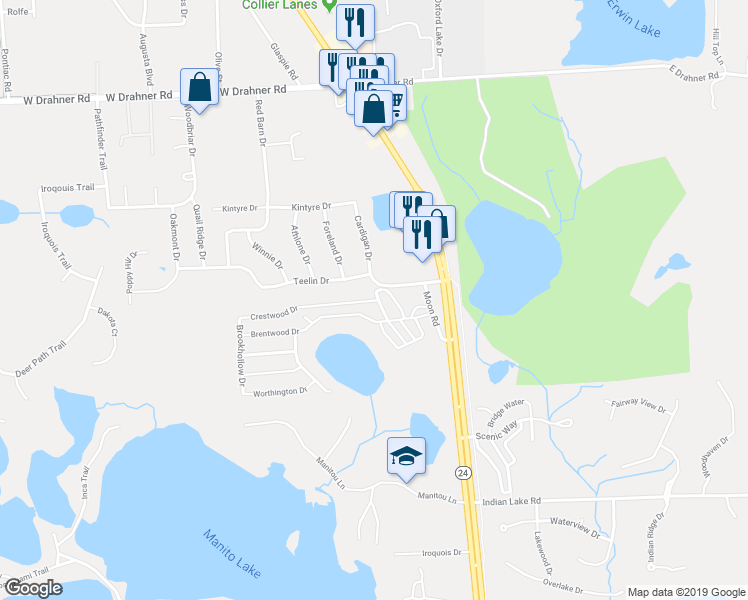map of restaurants, bars, coffee shops, grocery stores, and more near 359 Crestwood Drive in Oxford Charter Township