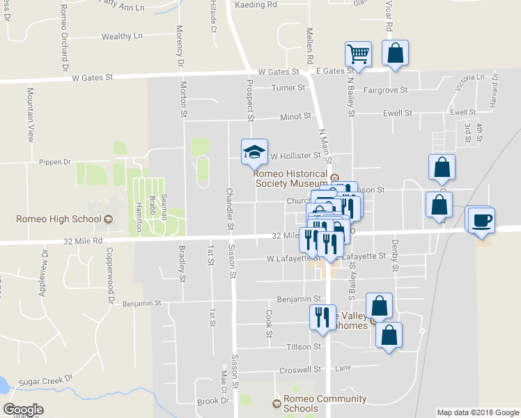 map of restaurants, bars, coffee shops, grocery stores, and more near 213 Church Street in Romeo