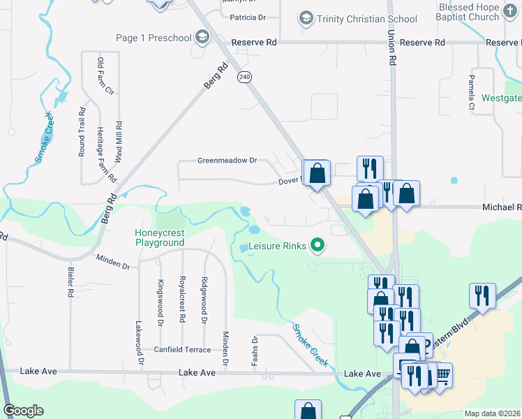 map of restaurants, bars, coffee shops, grocery stores, and more near 60 Eaglebrook Drive in Buffalo
