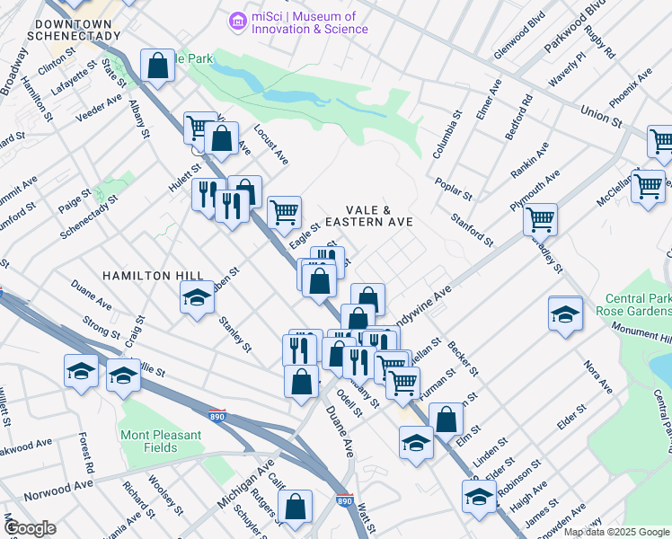 map of restaurants, bars, coffee shops, grocery stores, and more near 18 Swan Street in Schenectady