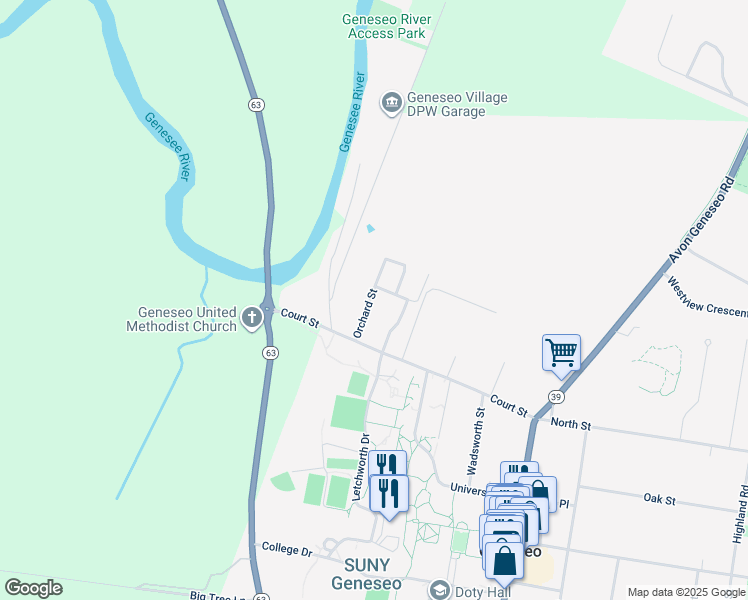 map of restaurants, bars, coffee shops, grocery stores, and more near 25 Orchard Street in Geneseo