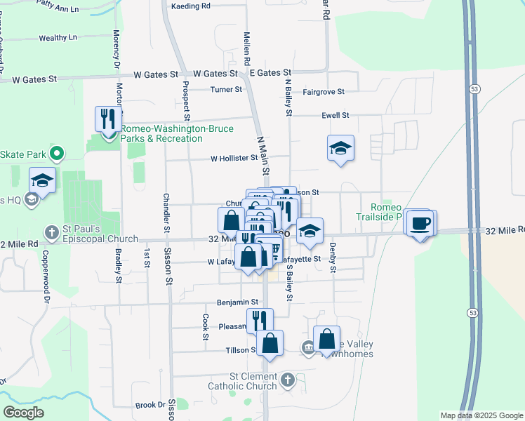map of restaurants, bars, coffee shops, grocery stores, and more near 246 North Main Street in Romeo