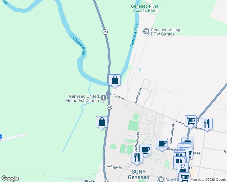 map of restaurants, bars, coffee shops, grocery stores, and more near 144 Court Street in Geneseo