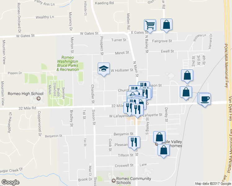 map of restaurants, bars, coffee shops, grocery stores, and more near 247 North Fremont Street in Romeo