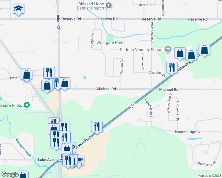 map of restaurants, bars, coffee shops, grocery stores, and more near 308 Michael Road in West Seneca