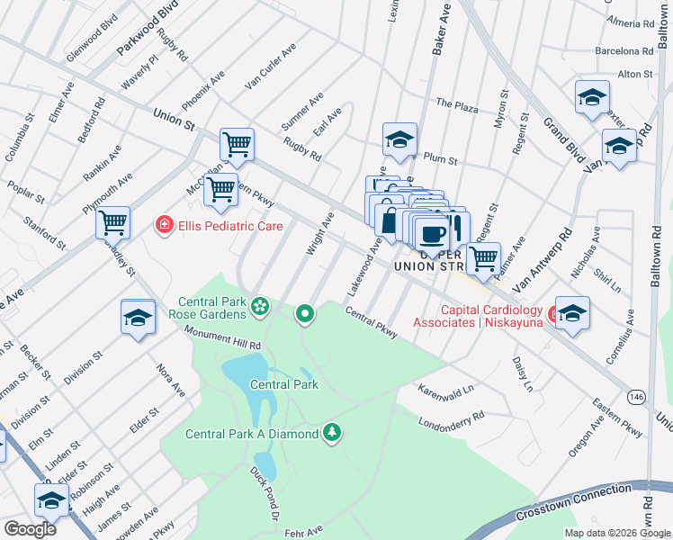 map of restaurants, bars, coffee shops, grocery stores, and more near 836 Hampton Avenue in Schenectady
