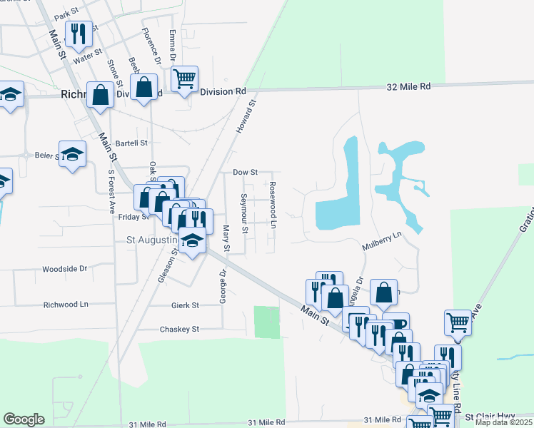 map of restaurants, bars, coffee shops, grocery stores, and more near 68260 Rosewood Lane in Richmond